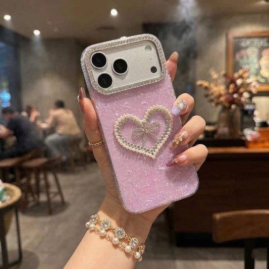 Pearl-Encrusted Heart with Diamond Bow Lavender Art Silicone Case For iPhone