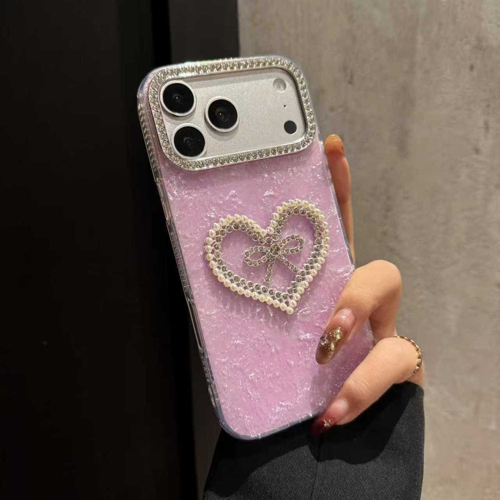 Pearl-Encrusted Heart with Diamond Bow Lavender Art Silicone Case For iPhone