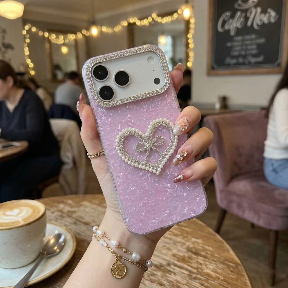 Pearl-Encrusted Heart with Diamond Bow Lavender Art Silicone Case For iPhone