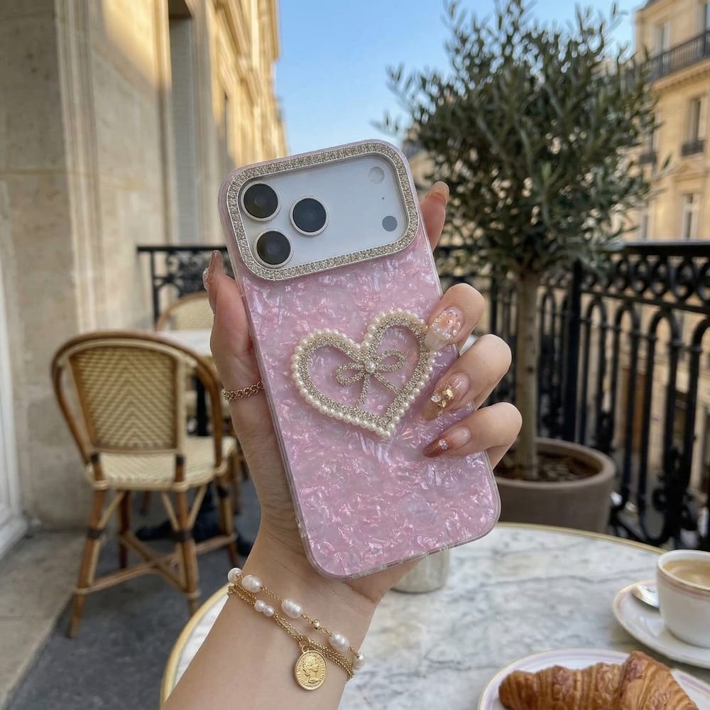 Pearl-Encrusted Heart with Diamond Bow Lavender Art Silicone Case For iPhone
