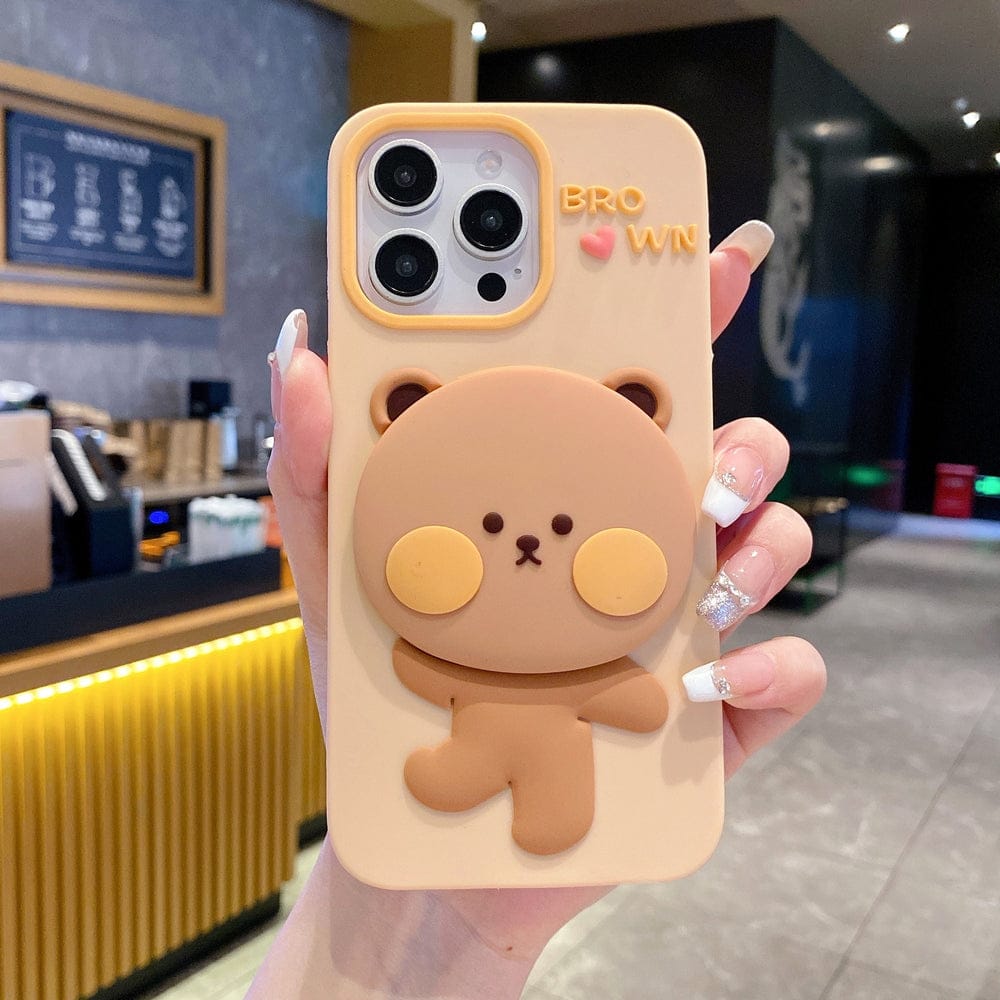Bear Hug Mirror Kickstand Silicone Phone Case For iPhone
